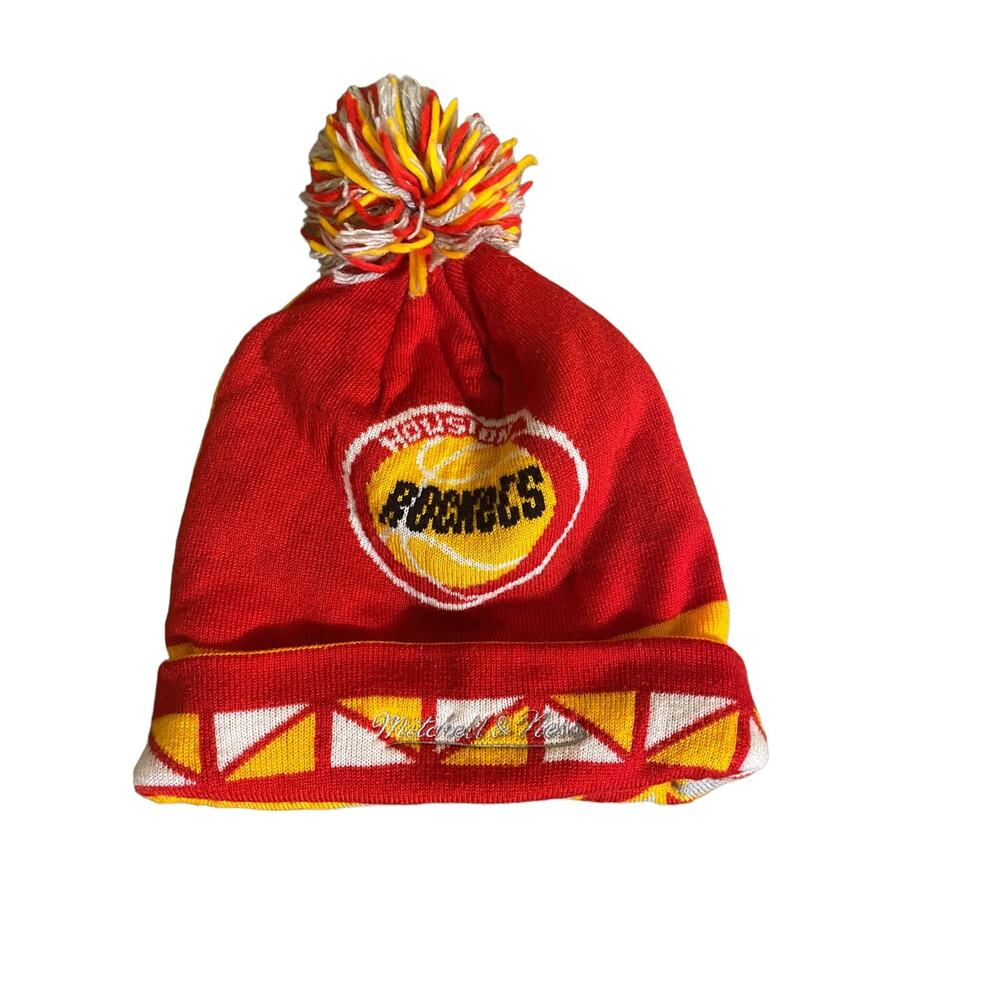 Mitchell & Ness Houston Rockets Beanie Pom Pom Double Sided Knit Hat Red/Yellow